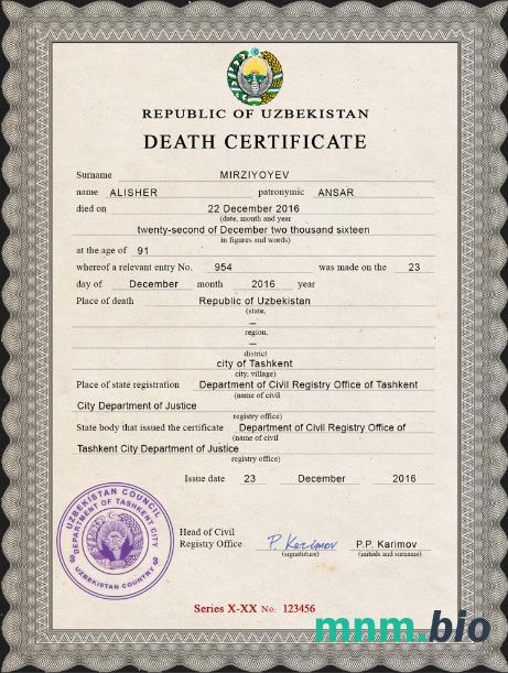 Uzbekistan śmierć certyfikat